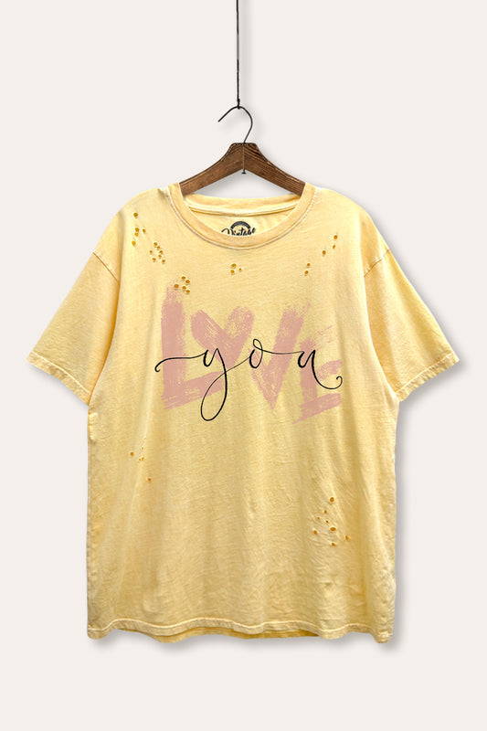 Love You Heart Graphic Mineral Wash Distress Tee