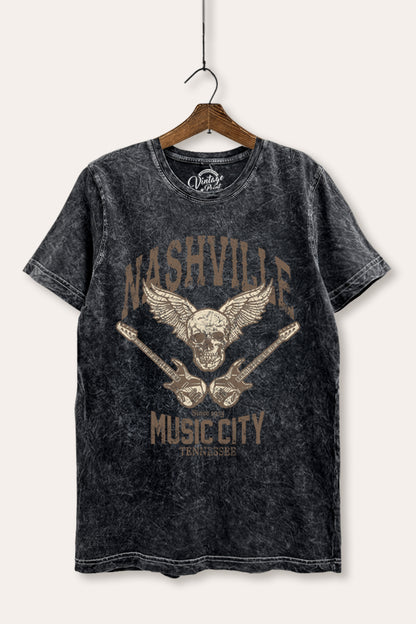 Nashville Music City Skull Graphic Mineral Wash Relaxed Tee