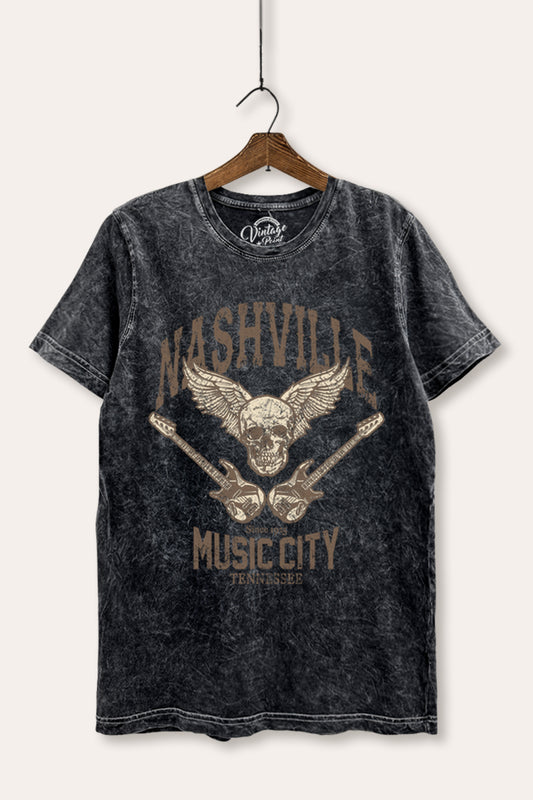 Nashville Music City Skull Graphic Mineral Wash Relaxed Tee