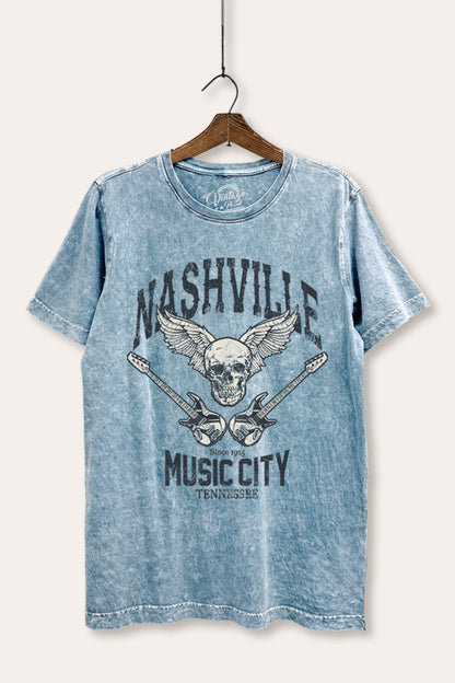 Nashville Music City Skull Graphic Mineral Wash Relaxed Tee