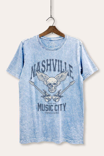 Nashville Music City Skull Graphic Mineral Wash Relaxed Tee