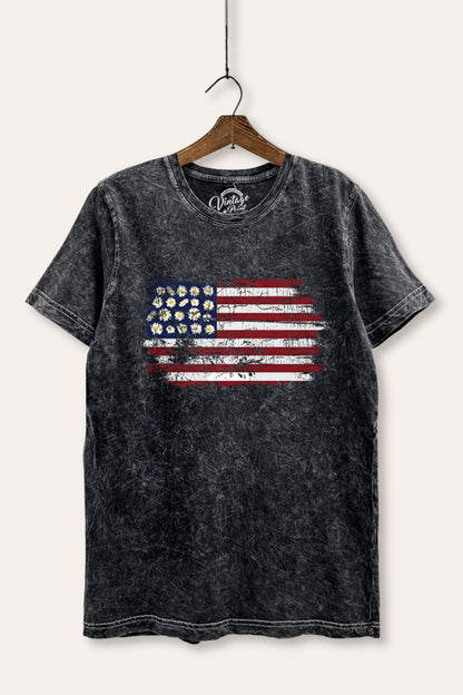 Distressed Floral USA Flag Graphic Mineral Wash Relaxed Tee