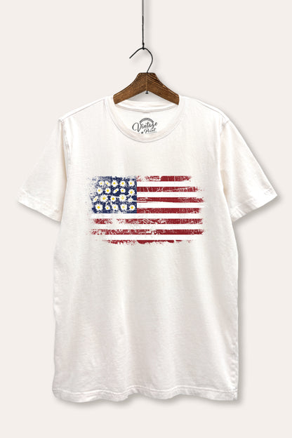 Distressed Floral USA Flag Graphic Mineral Wash Relaxed Tee