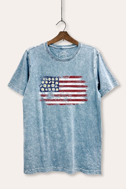 Distressed Floral USA Flag Graphic Mineral Wash Relaxed Tee