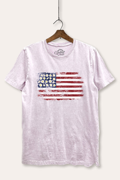 Distressed Floral USA Flag Graphic Mineral Wash Relaxed Tee