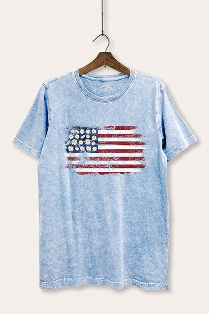 Distressed Floral USA Flag Graphic Mineral Wash Relaxed Tee