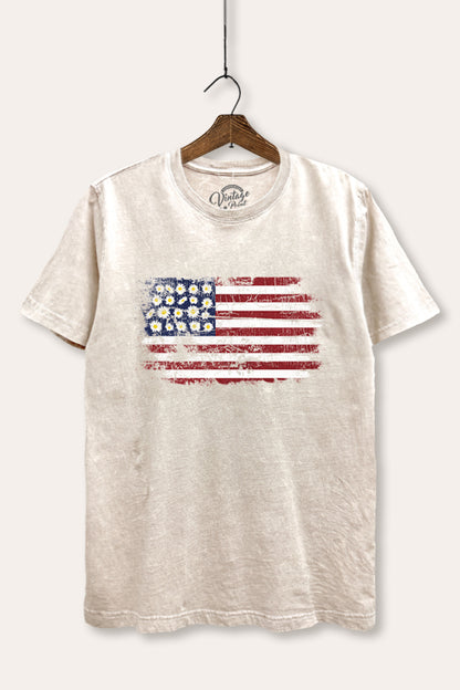 Distressed Floral USA Flag Graphic Mineral Wash Relaxed Tee