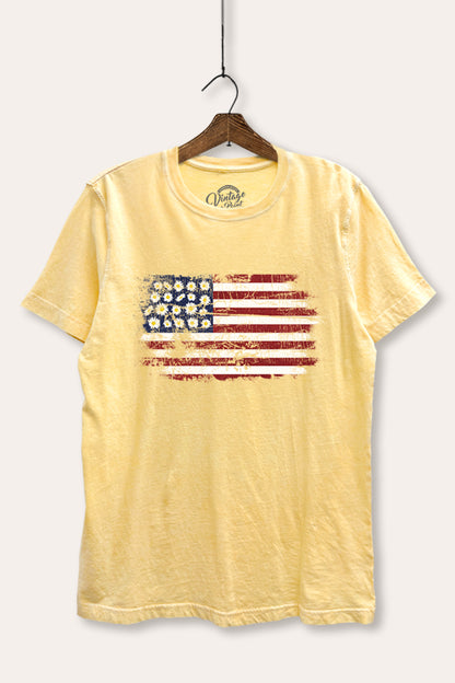 Distressed Floral USA Flag Graphic Mineral Wash Relaxed Tee