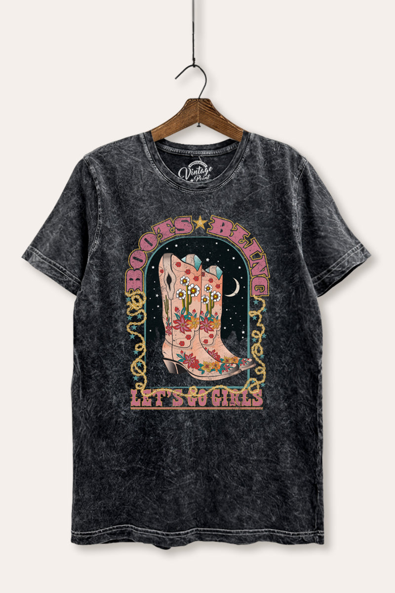 "let's go girls" retro boots bling mineral wash relaxed graphic t-shirt