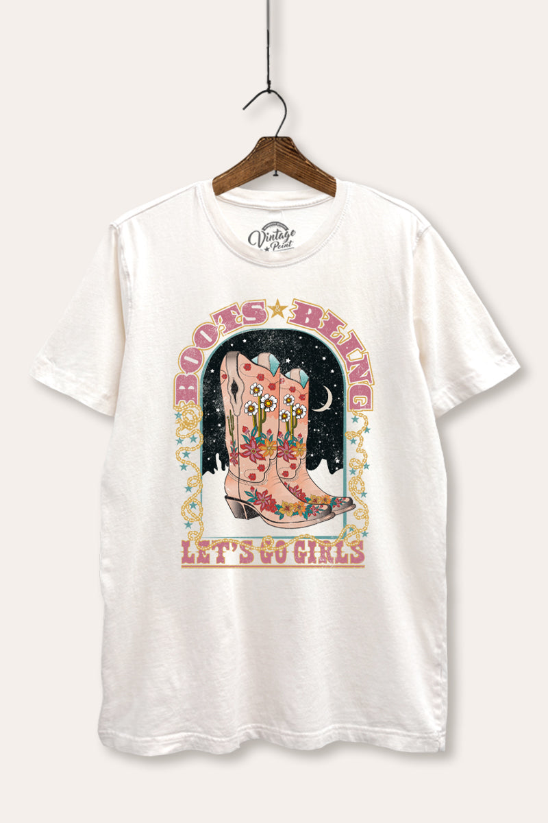 "let's go girls" retro boots bling mineral wash relaxed graphic t-shirt