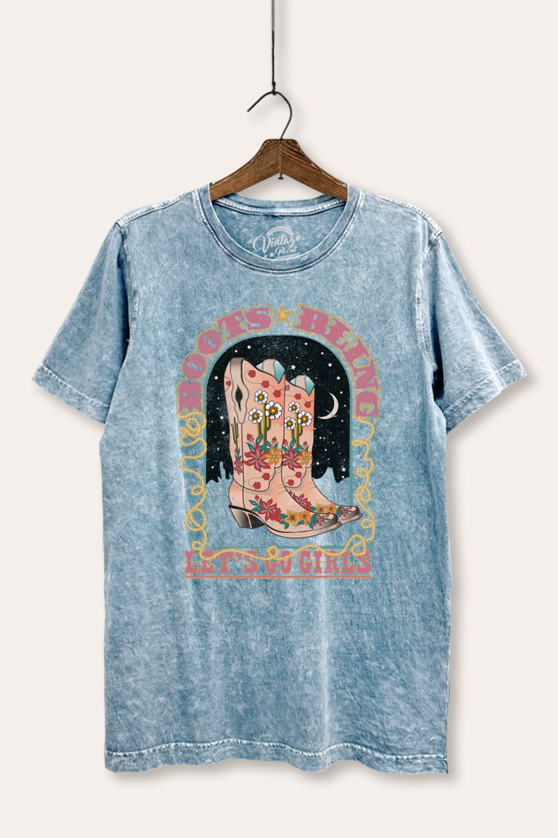 "let's go girls" retro boots bling mineral wash relaxed graphic t-shirt