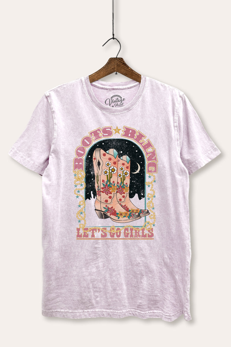 "let's go girls" retro boots bling mineral wash relaxed graphic t-shirt