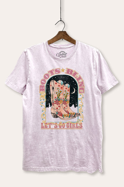 Cowgirl Boots Bling Stars Graphic Mineral Wash Relaxed Tee