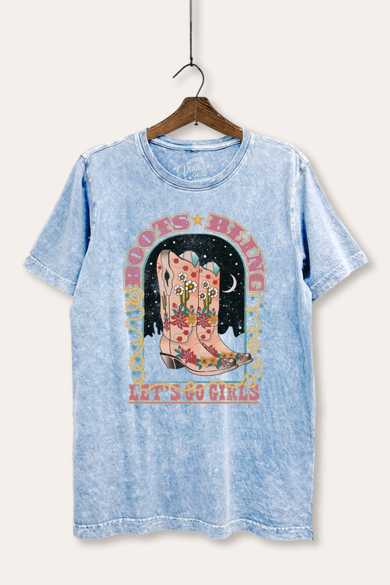 "let's go girls" retro boots bling mineral wash relaxed graphic t-shirt