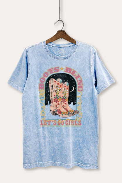 Cowgirl Boots Bling Stars Graphic Mineral Wash Relaxed Tee