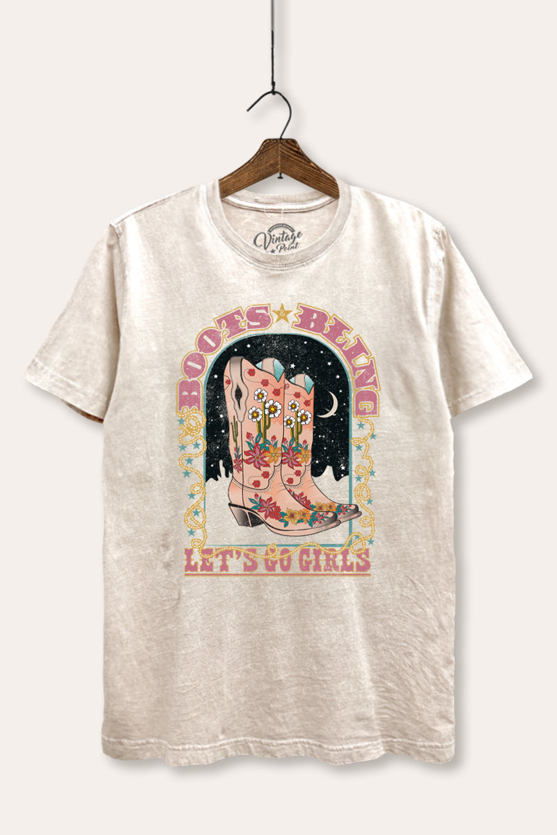 "let's go girls" retro boots bling mineral wash relaxed graphic t-shirt