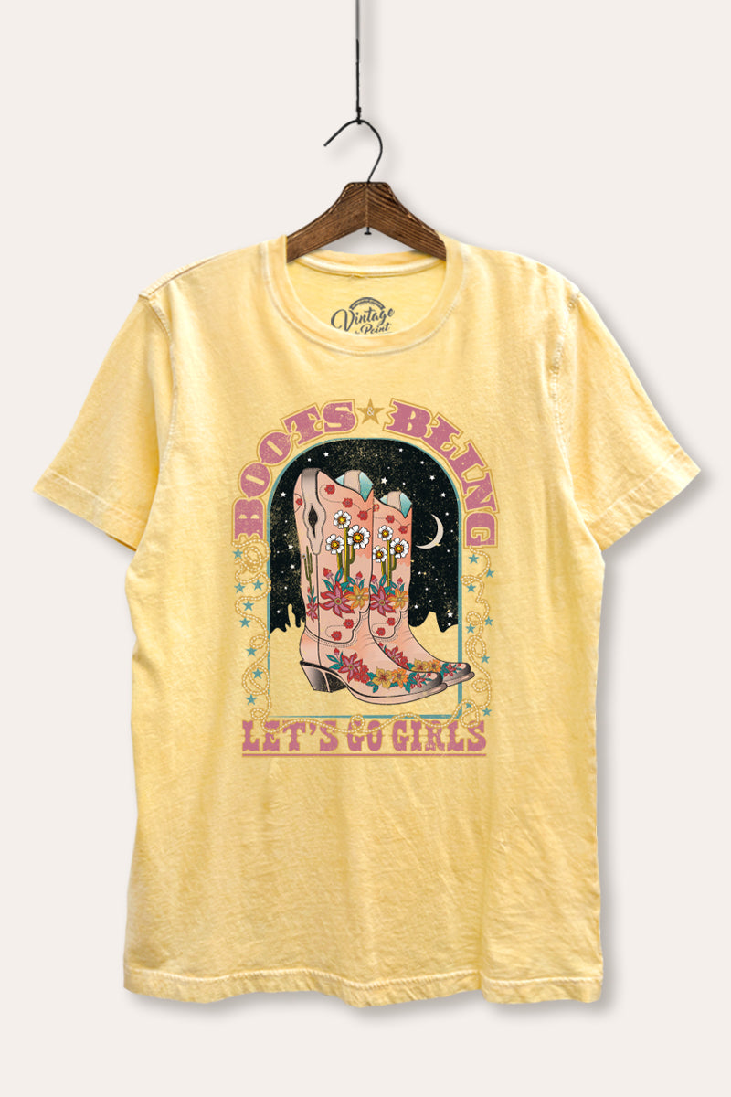 "let's go girls" retro boots bling mineral wash relaxed graphic t-shirt