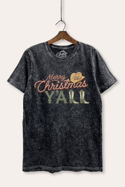 Merry Christmas Y'all Western Graphic Mineral Wash Relaxed Tee