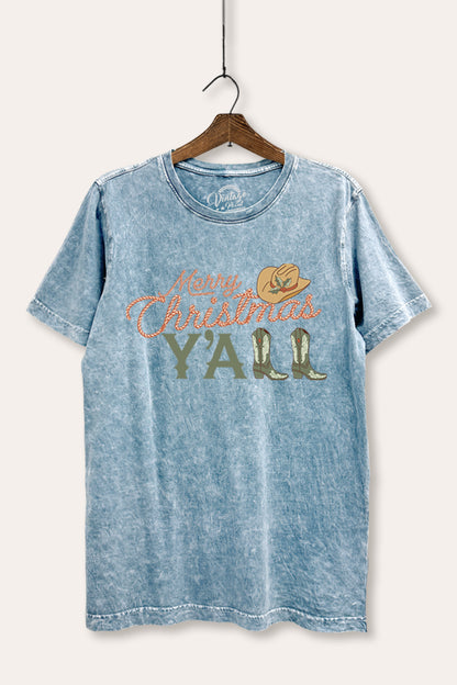 Merry Christmas Y'all Western Graphic Mineral Wash Relaxed Tee