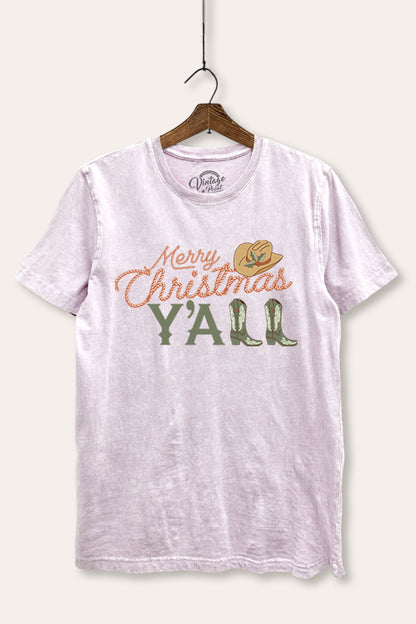 Merry Christmas Y'all Western Graphic Mineral Wash Relaxed Tee