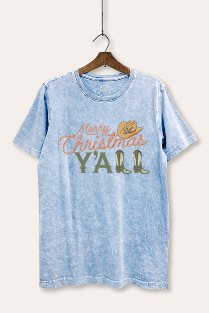 Merry Christmas Y'all Western Graphic Mineral Wash Relaxed Tee