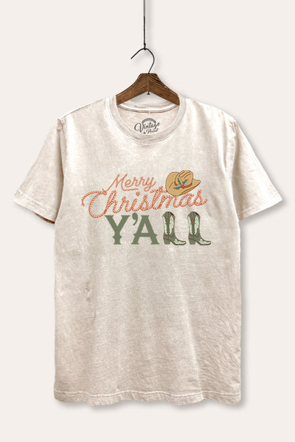 Merry Christmas Y'all Western Graphic Mineral Wash Relaxed Tee
