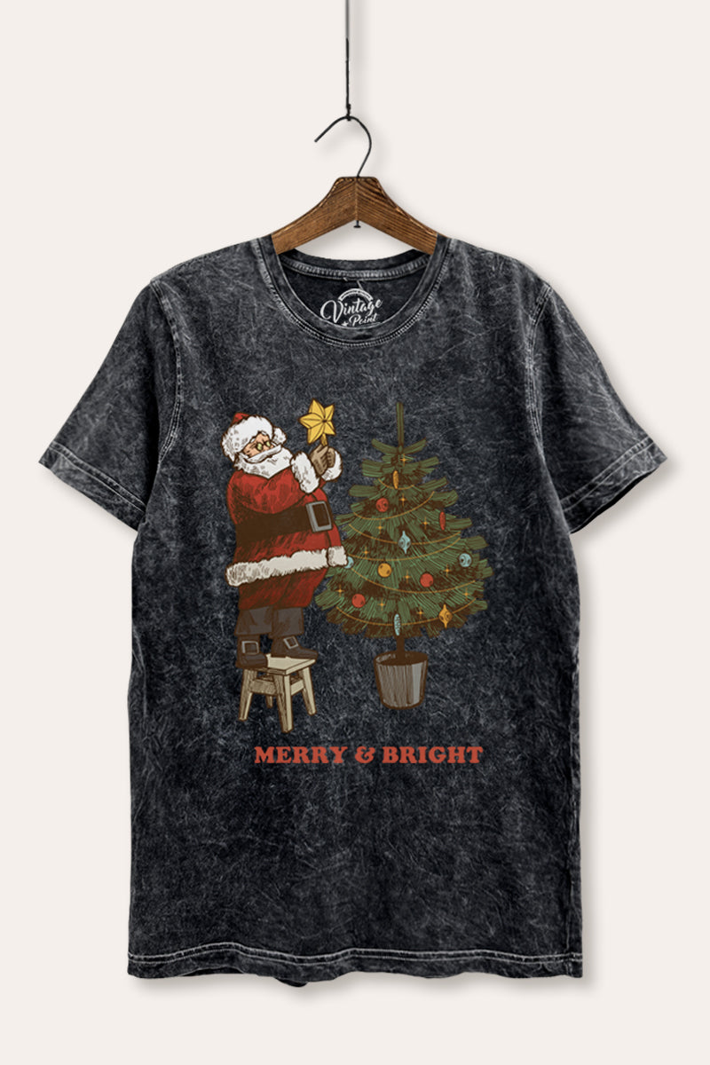 santa decorating christmas tree mineral wash relaxed graphic t-shirt