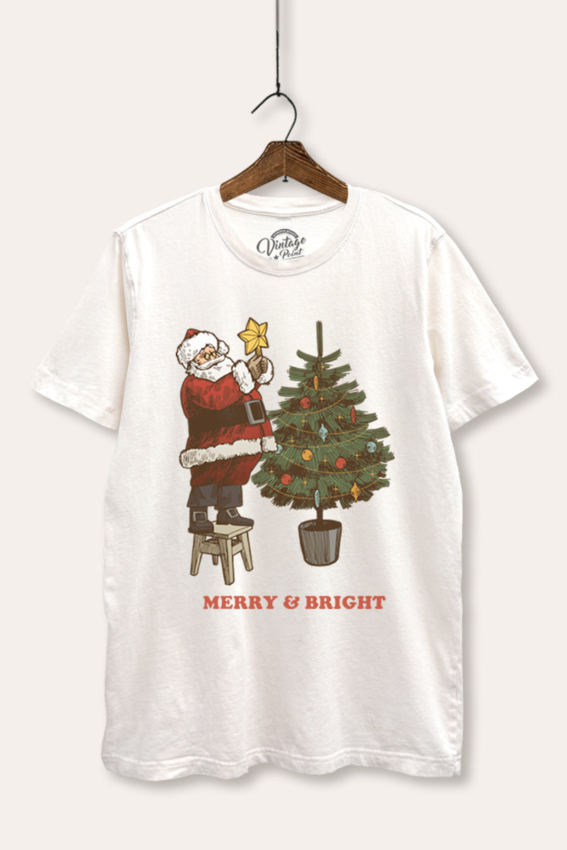santa decorating christmas tree mineral wash relaxed graphic t-shirt