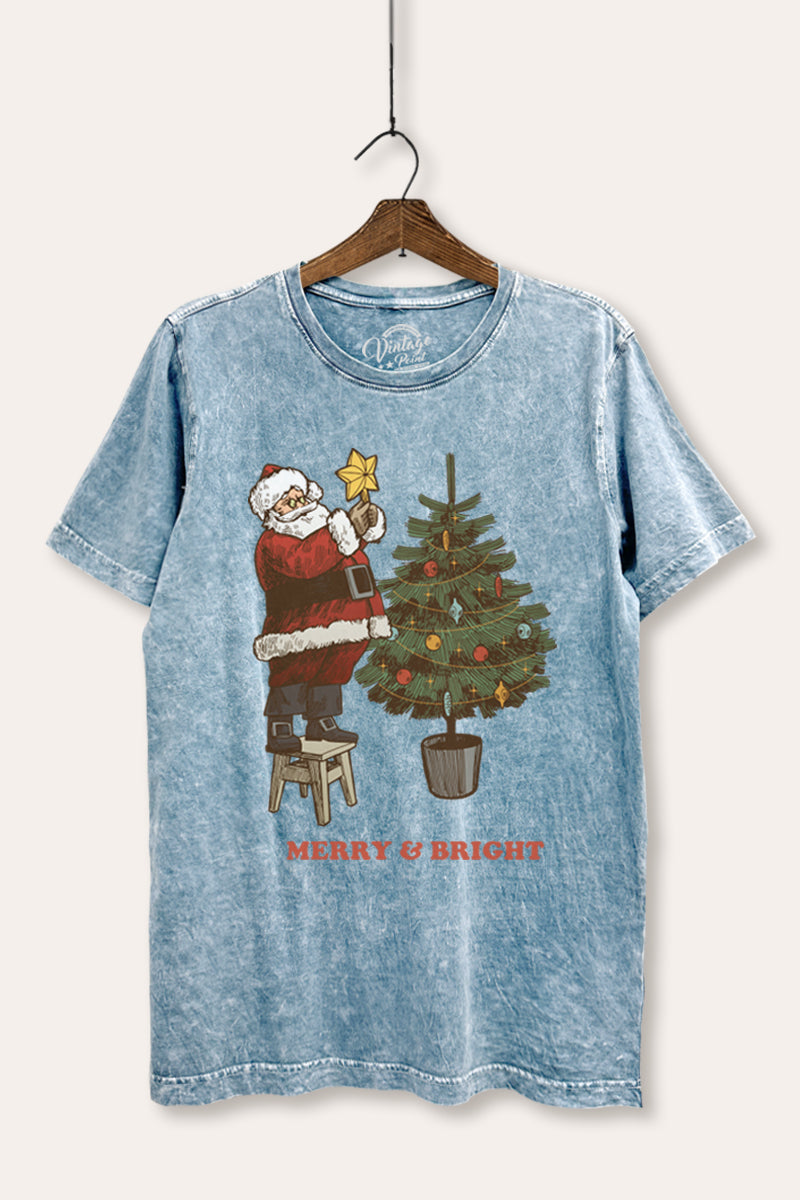 santa decorating christmas tree mineral wash relaxed graphic t-shirt