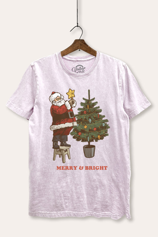 santa decorating christmas tree mineral wash relaxed graphic t-shirt