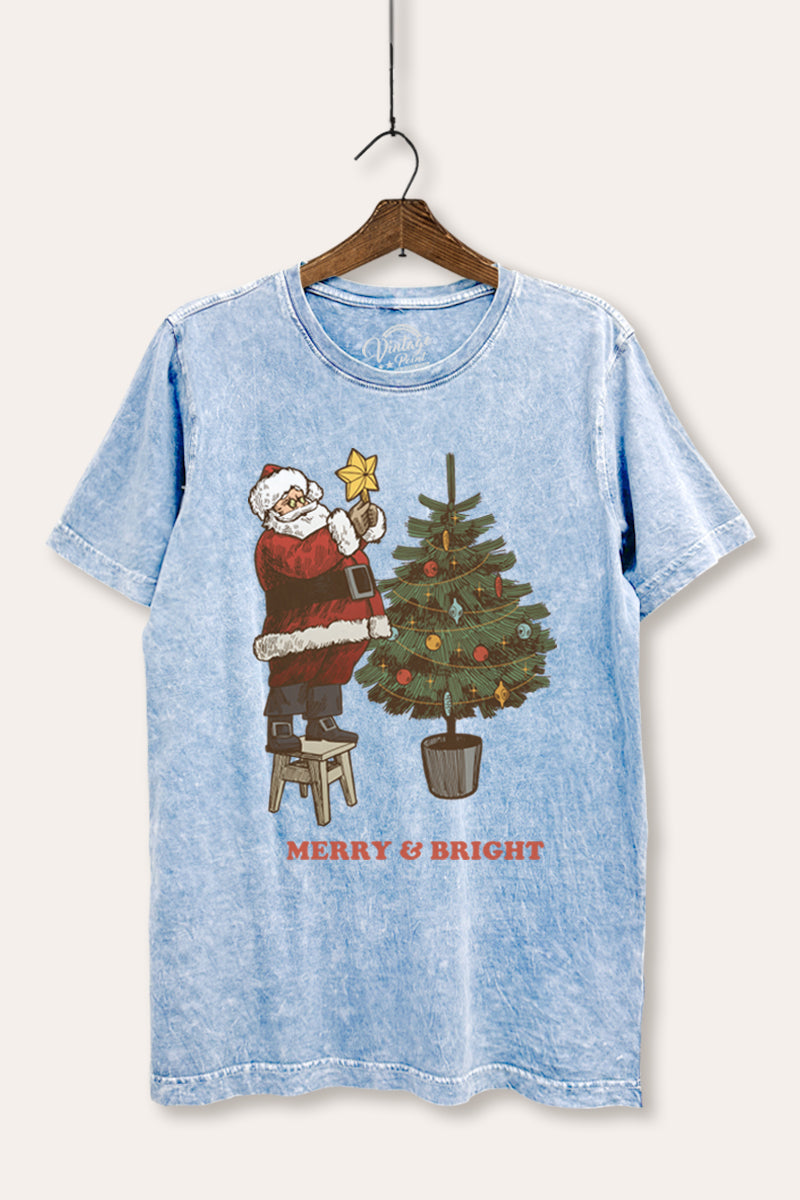 santa decorating christmas tree mineral wash relaxed graphic t-shirt