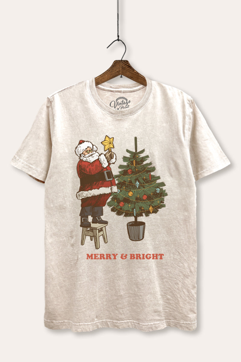santa decorating christmas tree mineral wash relaxed graphic t-shirt