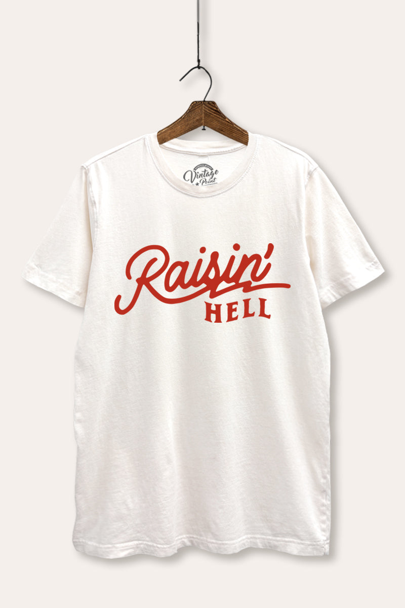 "raisin' hell" mineral wash relaxed edgy graphic t-shirt