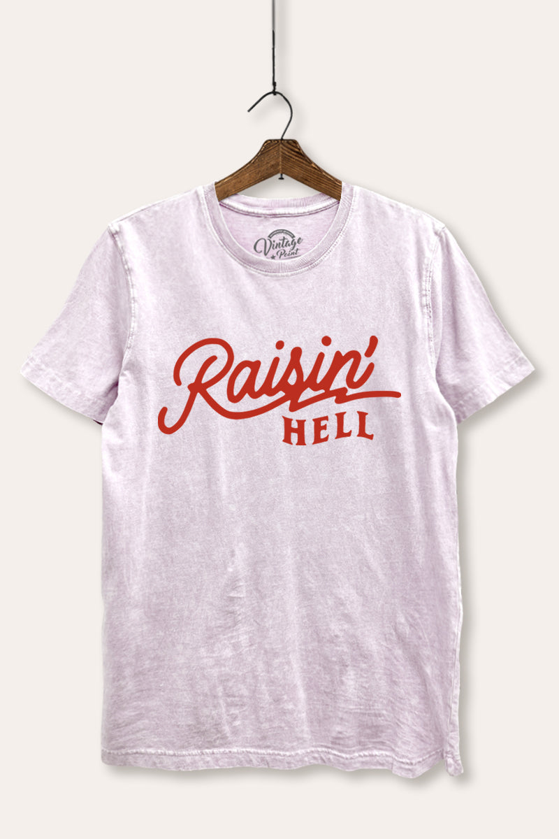"raisin' hell" mineral wash relaxed edgy graphic t-shirt