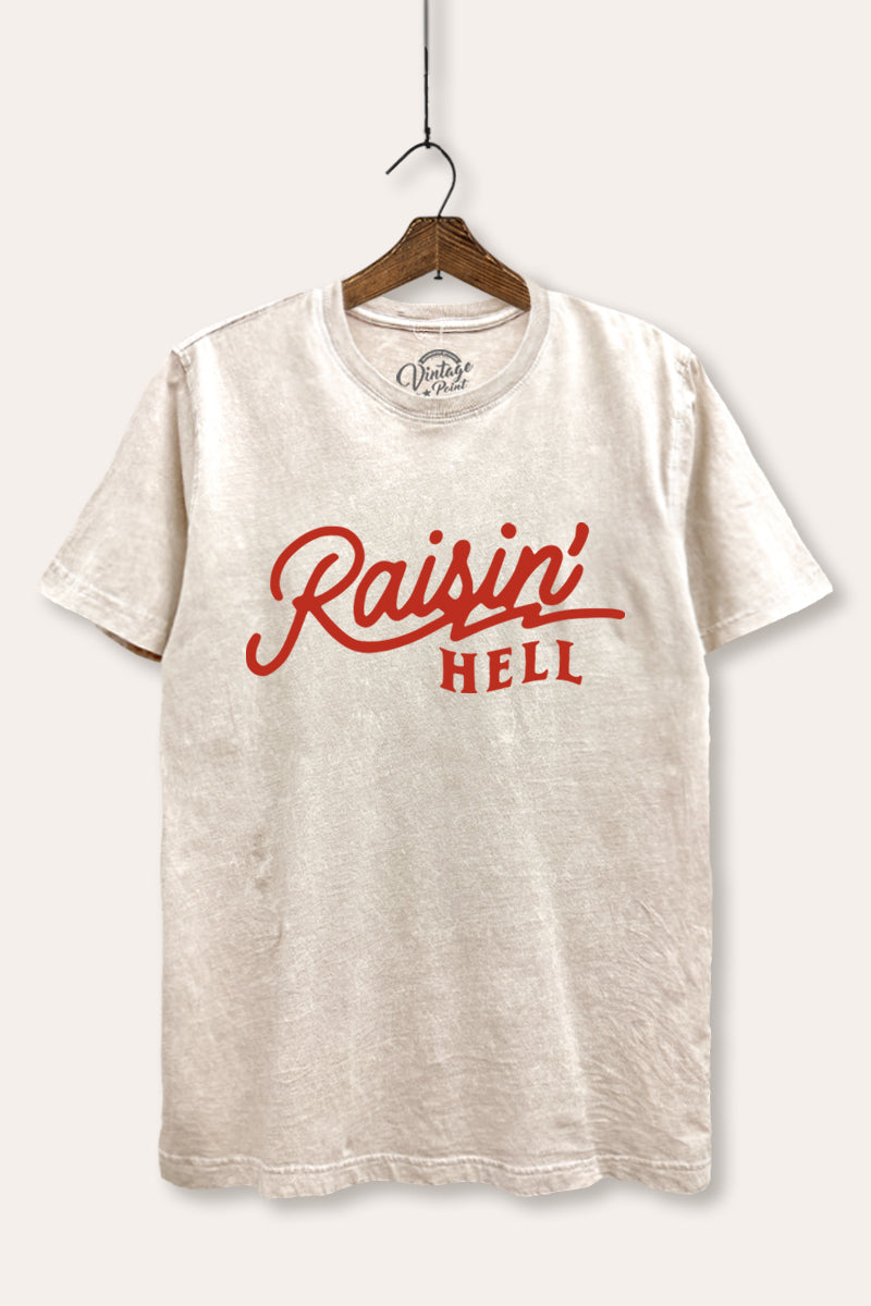 "raisin' hell" mineral wash relaxed edgy graphic t-shirt