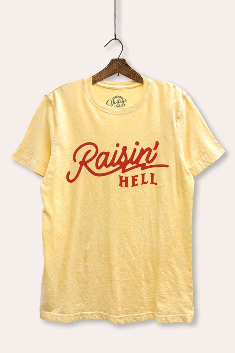 "raisin' hell" mineral wash relaxed edgy graphic t-shirt