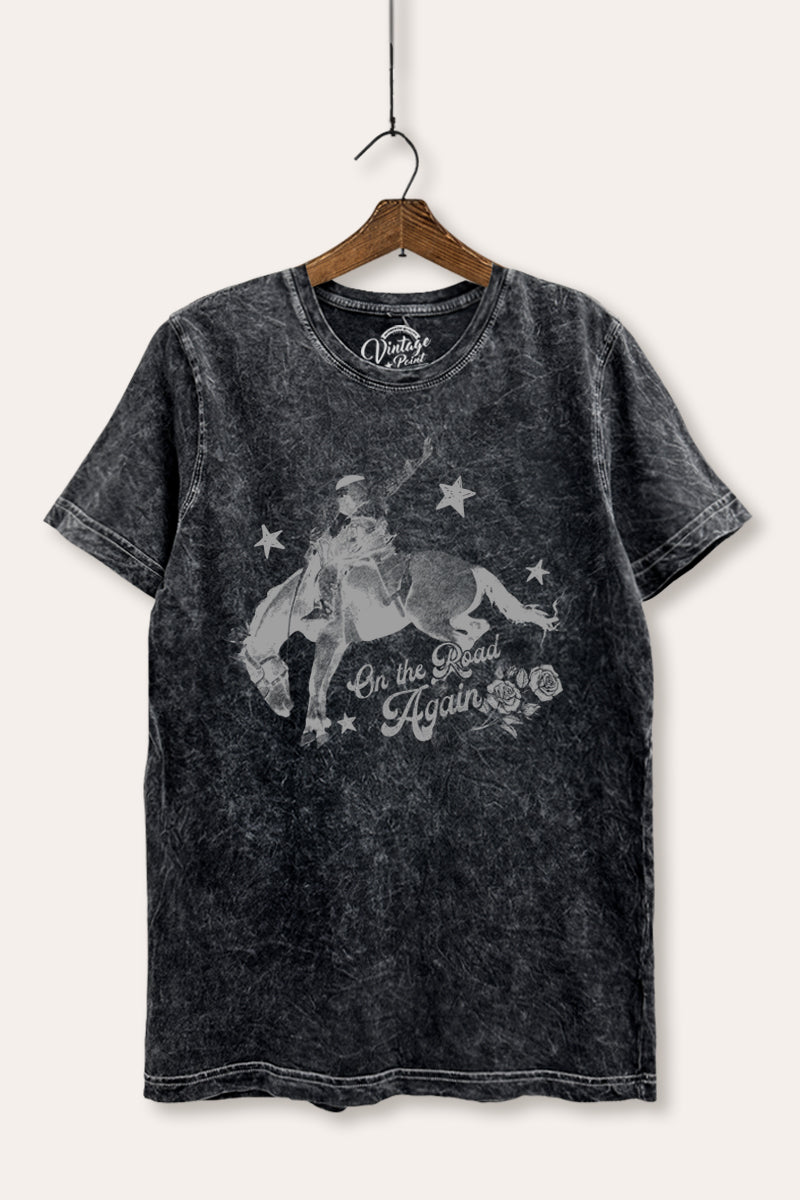"on the road again" rodeo cowboy mineral wash relaxed graphic tee