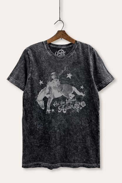 On The Road Again Cowboy Graphic Mineral Wash Relaxed Tee