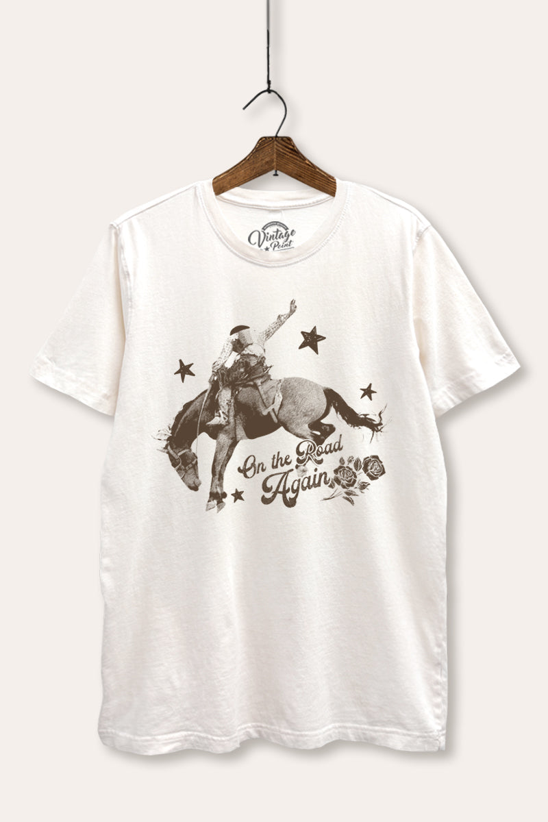 "on the road again" rodeo cowboy mineral wash relaxed graphic tee