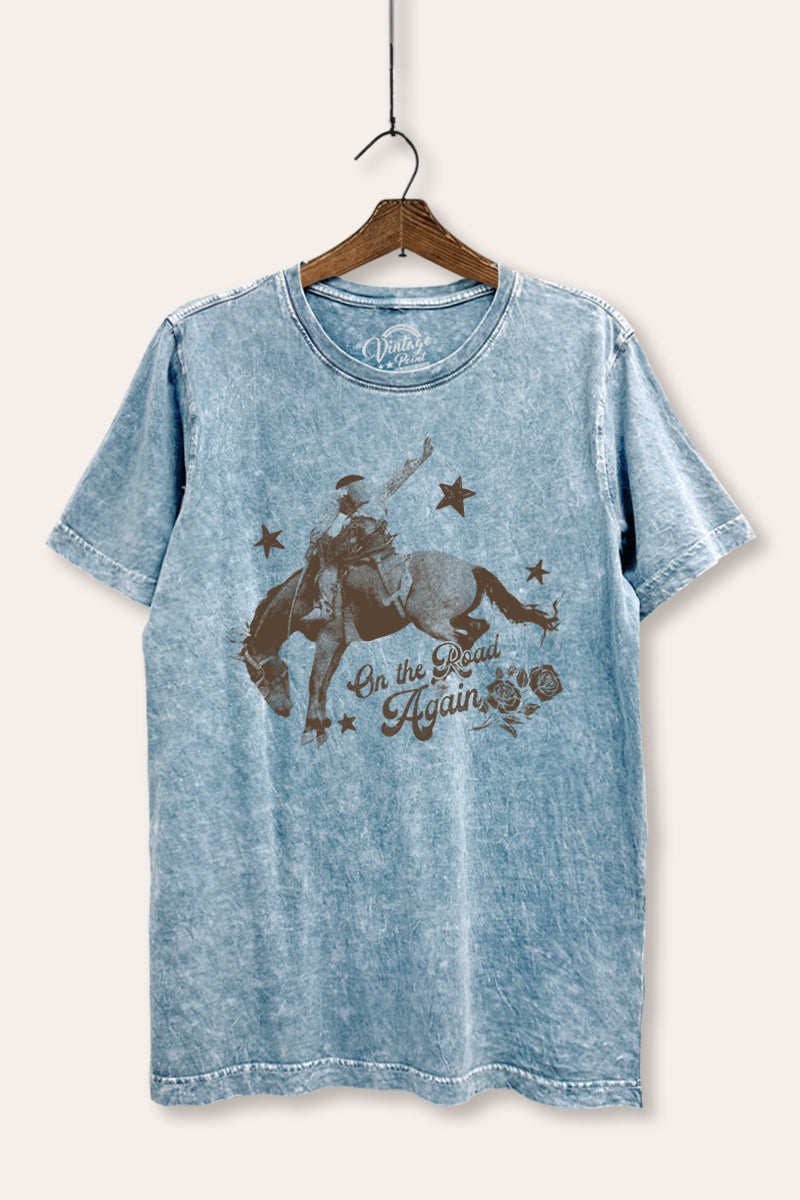 "on the road again" rodeo cowboy mineral wash relaxed graphic tee