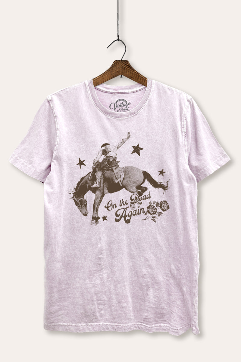 "on the road again" rodeo cowboy mineral wash relaxed graphic tee