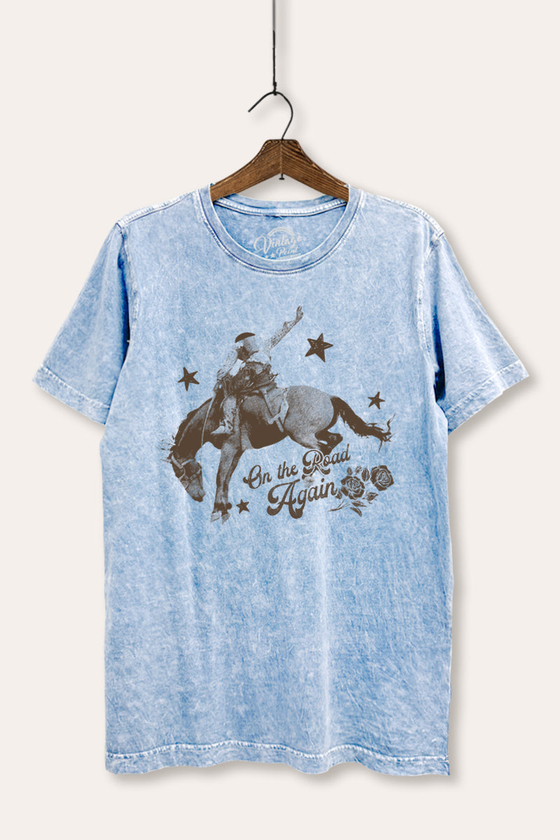 "on the road again" rodeo cowboy mineral wash relaxed graphic tee