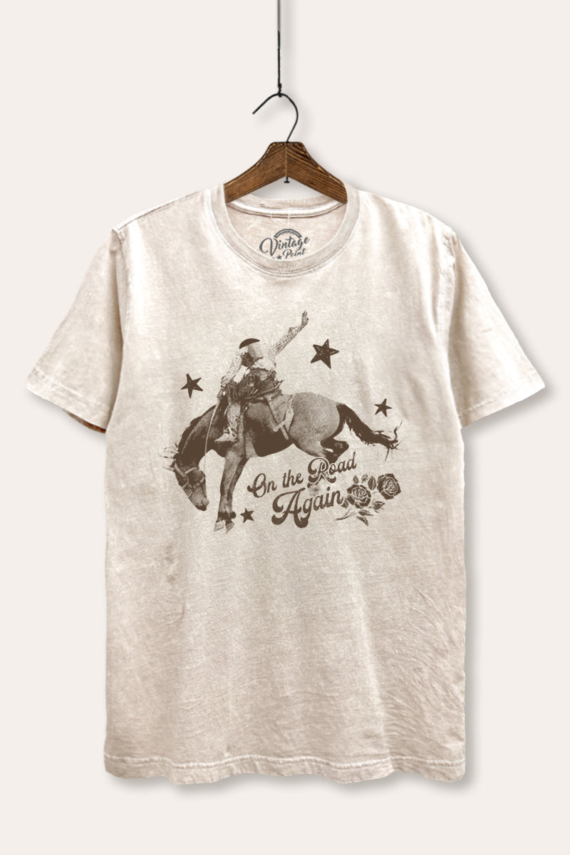 "on the road again" rodeo cowboy mineral wash relaxed graphic tee