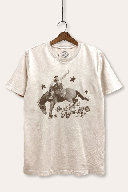 On The Road Again Cowboy Graphic Mineral Wash Relaxed Tee