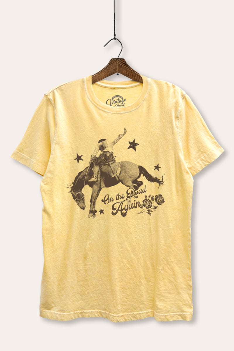 "on the road again" rodeo cowboy mineral wash relaxed graphic tee