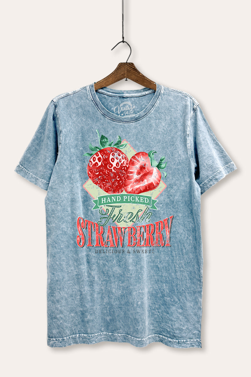 Distressed Strawberry Fruit Graphic Mineral Wash Relaxed Tee