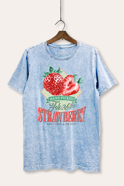 Distressed Strawberry Fruit Graphic Mineral Wash Relaxed Tee