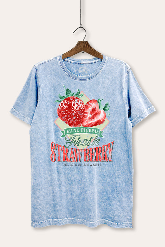 Distressed Strawberry Fruit Graphic Mineral Wash Relaxed Tee