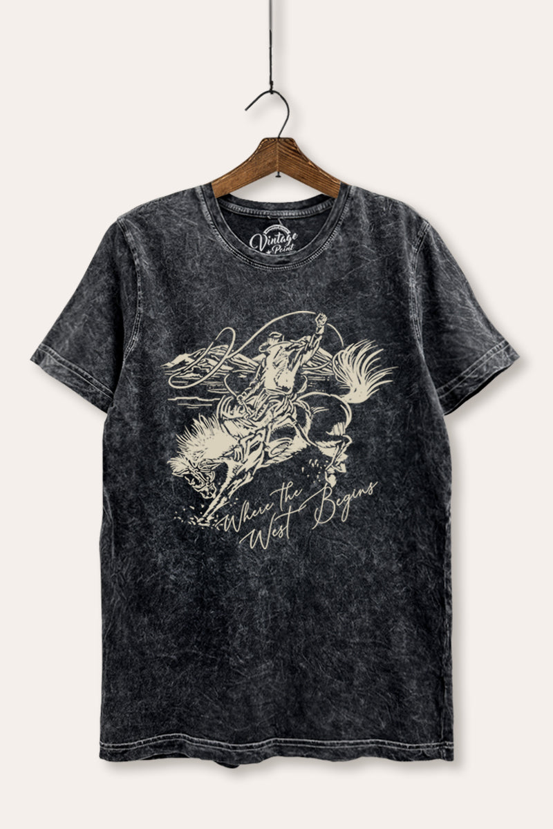 Where The West Begins Cowboy Graphic Mineral Wash Relaxed Tee