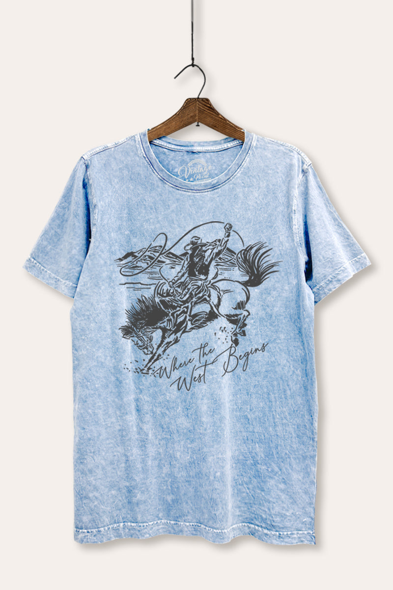 Where The West Begins Cowboy Graphic Mineral Wash Relaxed Tee